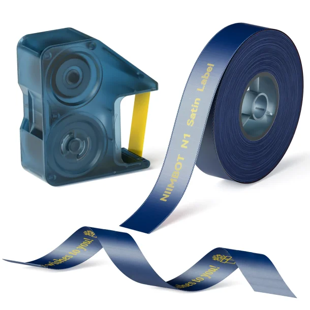 NAVY (M�RKE BL�) SATIN GAVEB�ND + GULD RIBBON